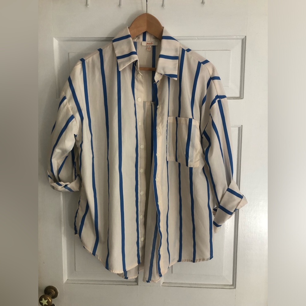 Classic Blue-Striped Casual Button-Down Shirt - Cream/Blue